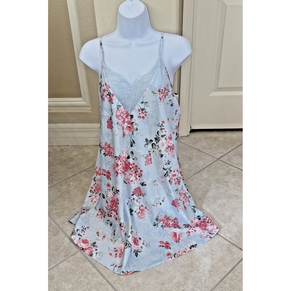 Flora Nikrooz Slip Dress Satin Lace Y2K Lingerie Core Coquette Blue Floral Sz XL